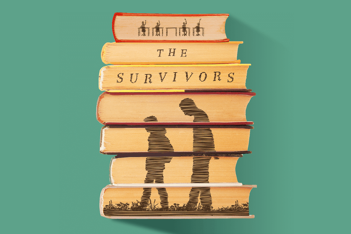 Photo illustration of a stack of books with the words “the survivors” and the silhouettes of two people on the cut sides of the pages.
