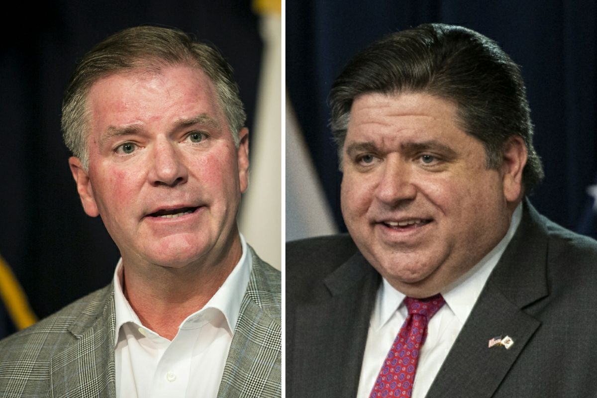 State Senate Republican Leader Bill Brady, left, in 2017; Gov. J.B. Pritzker, right, in April.