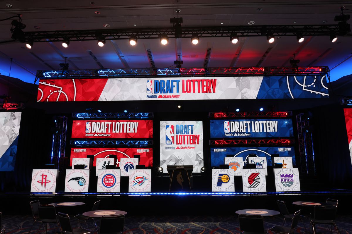 A wide shot of the stage during the 2022 NBA Draft Lottery at McCormick Place on May 17, 2022 in Chicago, Illinois.