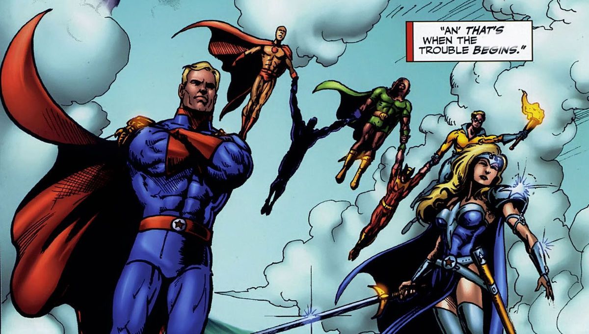 The Seven hover in the sky in their first introduction in Garth Ennis’ comic version of The Boys