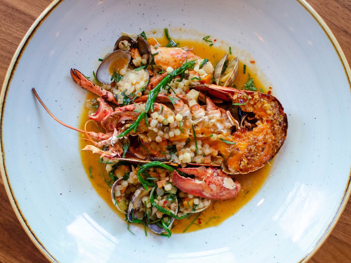 Overhead view of a half lobster sitting in a small pool of reddish broth and topped with small, round dots of pasta, herbs, and small clams.