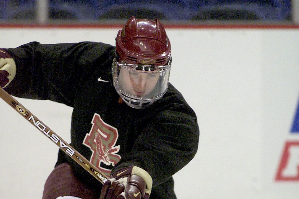 (04/06/01 Albany, NY) Frozen Four. Boston College prepares for the Finals. STICK MAN BC’s Brooks Orpik practices Friday at the Pepsi Arena. (040601eagles Staff Photo by Matthew West. Transmitted by FTP)