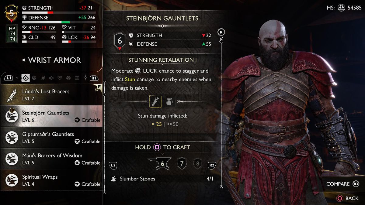 Kratos wears the Steinbjorn gauntlets while standing in the armor menu for God of War Ragnarok.