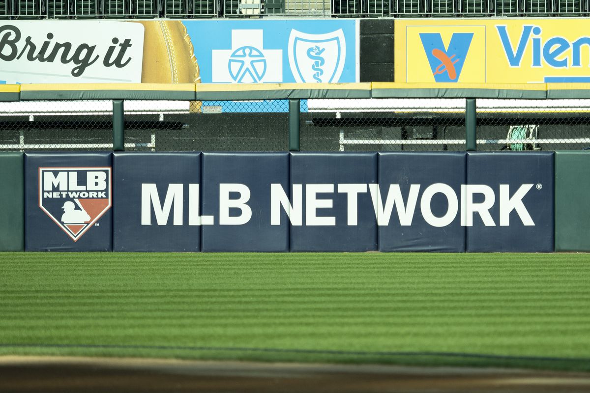 A view of the MLB Network logo before the MLB regular season game between the Minnesota Twins at the Chicago White Sox on July 25, 2019, at Guaranteed Rate Field in Chicago, IL.