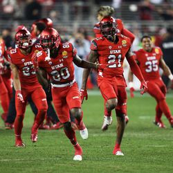 Utah players celebrate as the Utes defeat the Hoosiers in the Foster Farms Bowl in Santa Clara, California, on Wednesday, Dec. 28, 2016.