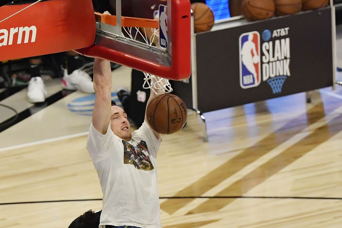 Milwaukee Bucks player Pat Connaughton in the slam dunk contest during NBA All Star Saturday Night at United Center.