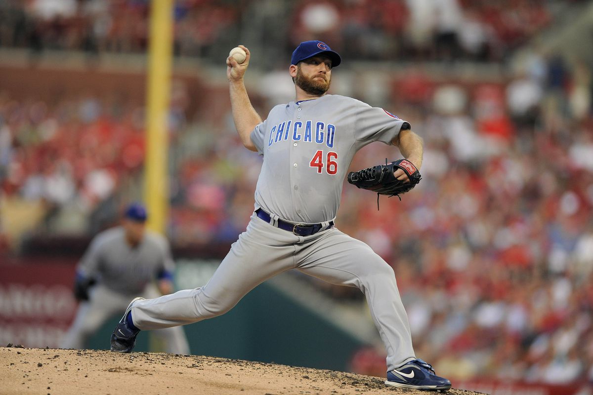 July 20, 2012; St. Louis, MO. USA; Chicago Cubs starting pitcher Ryan Dempster (46) throws to a St. Louis Cardinals batter in the third inning at Busch Stadium. Mandatory Credit: Jeff Curry-US PRESSWIRE