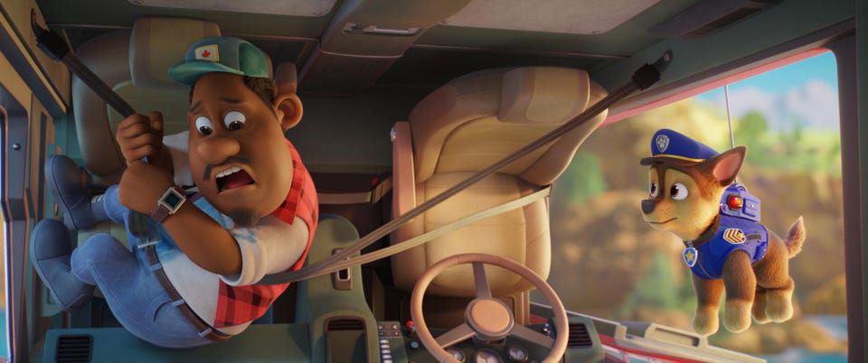 Gus (voiced by Tyler Perry) and Chase (voiced by Iain Armitage) in PAW PATROL: THE MOVIE from Paramount Pictures. 