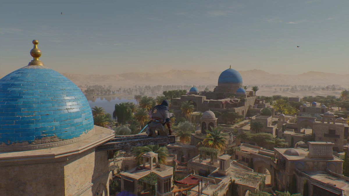 Basim perches on a board of wood jutting out from a tower in Baghdad in Assassin’s Creed Mirage