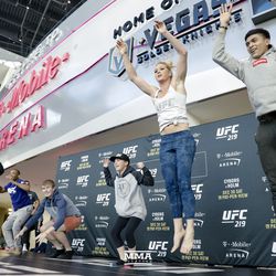 Holly Holm dances at UFC 219 open workouts Thursday at T-Mobile Arena in Las Vegas.