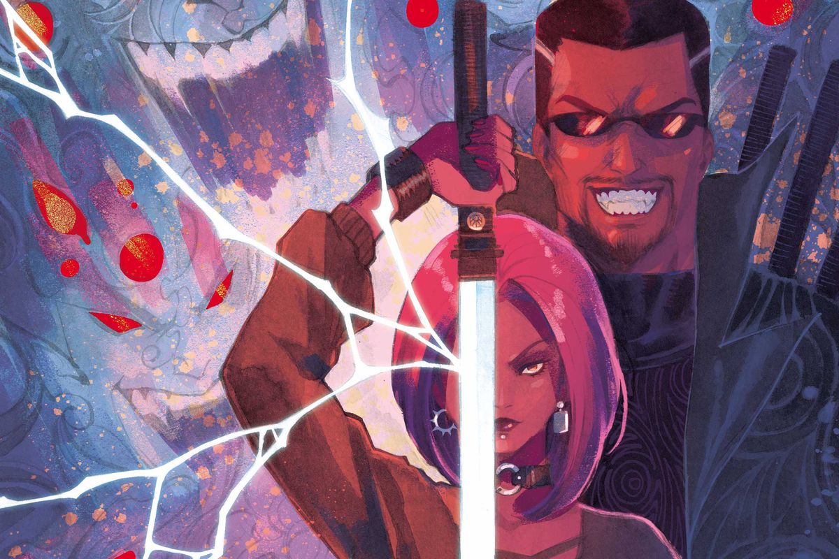 A young black woman holds a shining sword in front of her face as Blade grins behind her on the cover of Bloodline: Daughter of Blade (2023). 