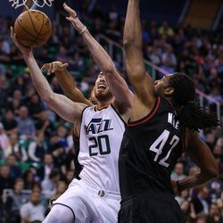 Utah Jazz forward Gordon Hayward (20) lays it up during the game against the Houston Rockets at Vivint Smart Home Arena in Salt Lake City on Tuesday, Nov. 29, 2016.