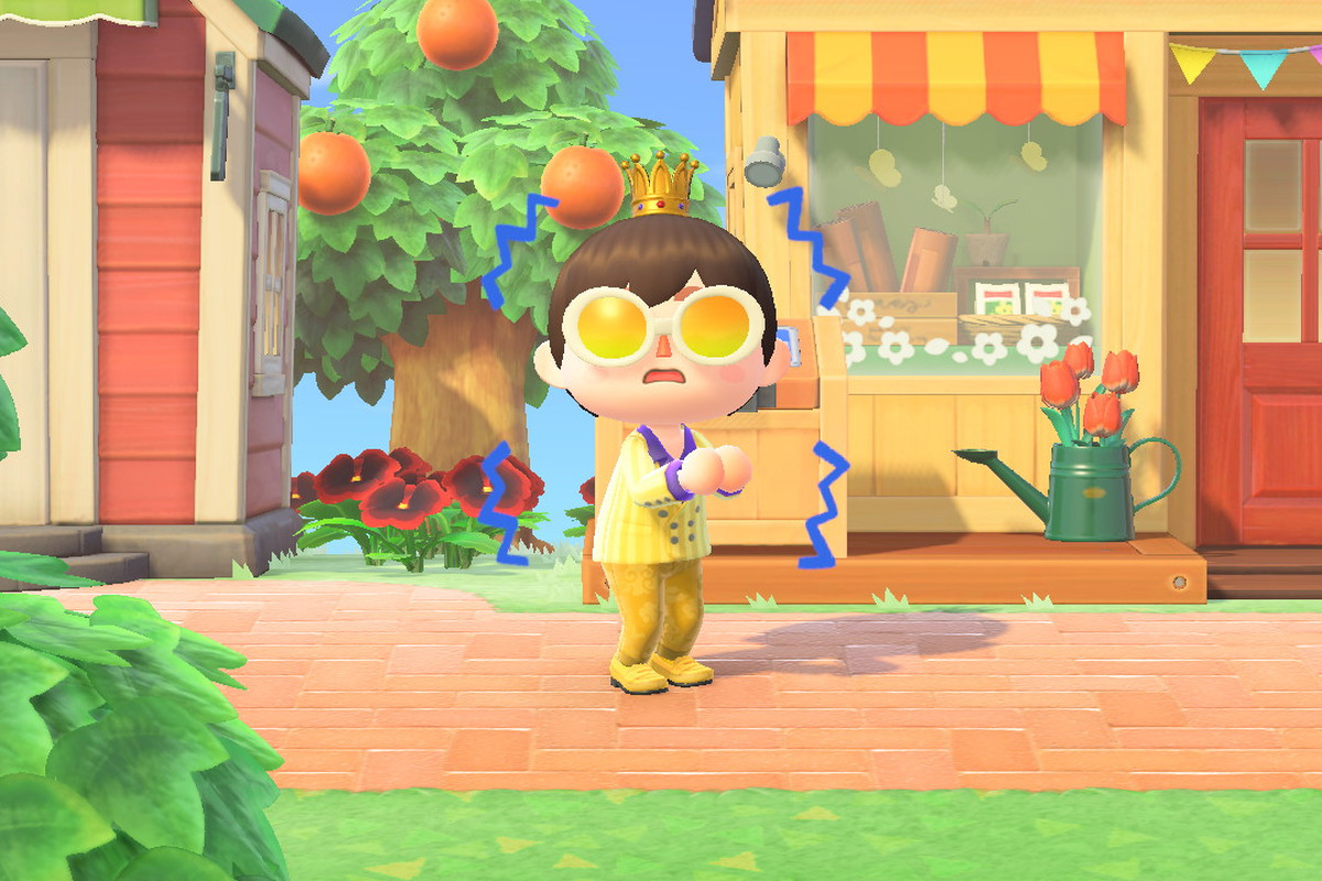Animal Crossing: New Horizons - a player quivers in fear outside Nook’s Cranny