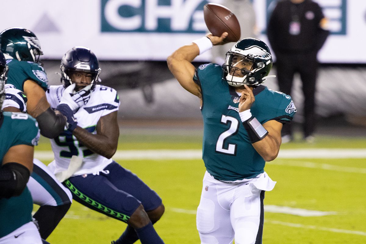Philadelphia Eagles quarterback Jalen Hurts (2) in action against the Seattle Seahawks during the second quarter at Lincoln Financial Field.