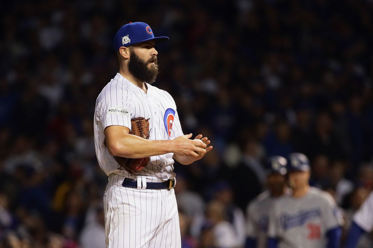 CHICAGO, IL - OCTOBER 18:  Jake Arrieta #49 of the Chicago Cubs stands on the mound in the seventh inning against the Los Angeles Dodgers during game four of the National League Championship Series at Wrigley Field on October 18, 2017 in Chicago, Illinois.  (Photo by Jonathan Daniel/Getty Images)