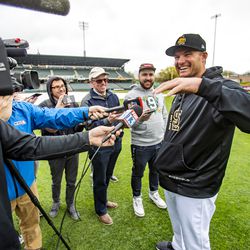 Bees' manager Lou Marson talks with the media as the Salt Lake Bees hold their media day at Smith's Ballpark on Tuesday, April 2, 2019.