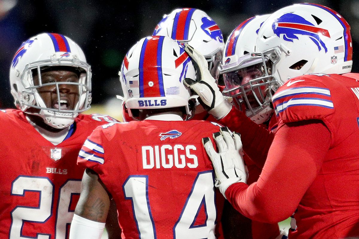 Stefon Diggs #14 of the Buffalo Bills celebrates his touchdown against the Pittsburgh Steelers during the third quarter in the game at Bills Stadium on December 13, 2020 in Orchard Park, New York.