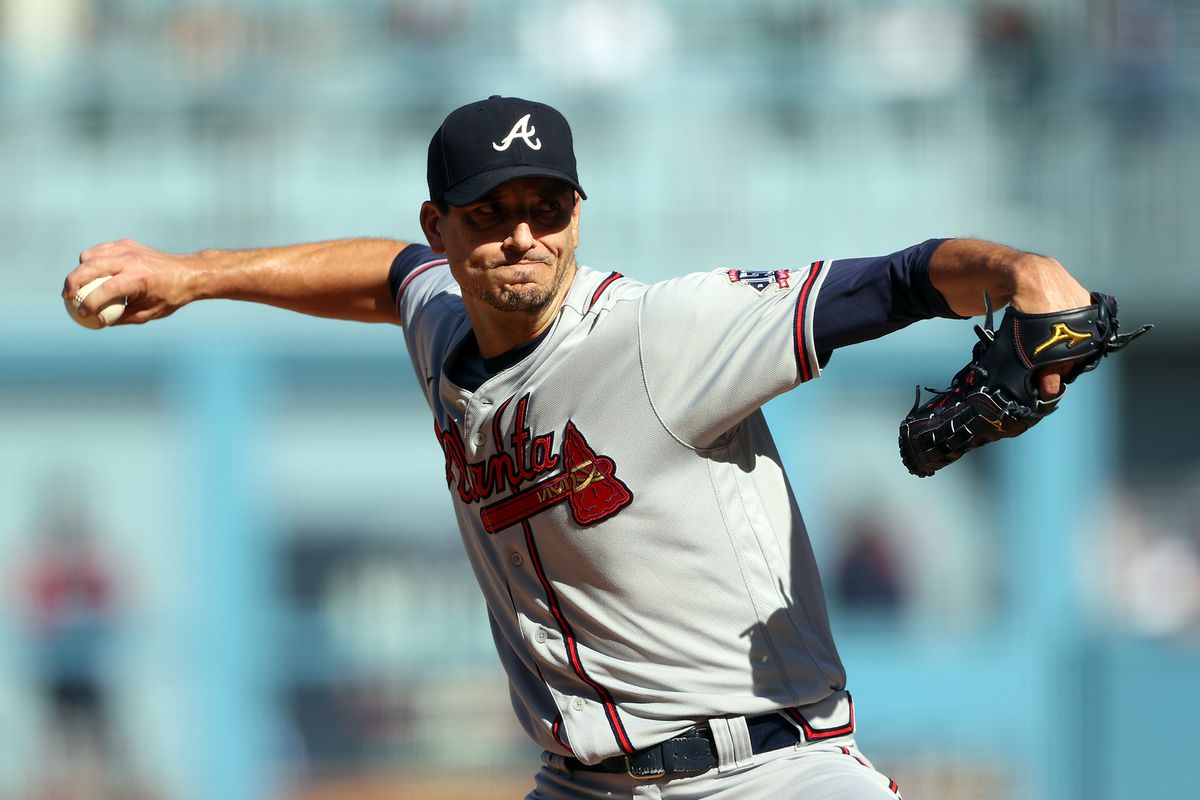 Starting pitcher Charlie Morton #50 of the Atlanta Braves pitches during the first inning of the National League Championship Series against the Los Angeles Dodgers at Dodger Stadium on October 19, 2021 in Los Angeles, California.