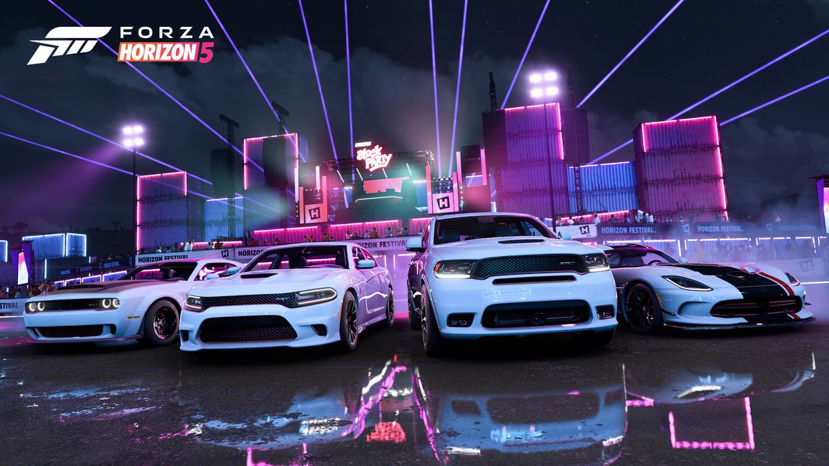 a row of white street racing vehicles against a neon-lit backdrop in Forza Horizon 5