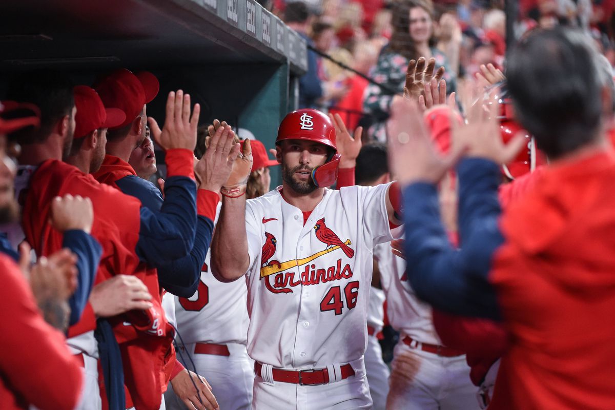 St. Louis Cardinals first baseman Paul Goldschmidt (46) is congratulated after hitting a two-run home run against the Milwaukee Brewers during the third inning at Busch Stadium.&nbsp;