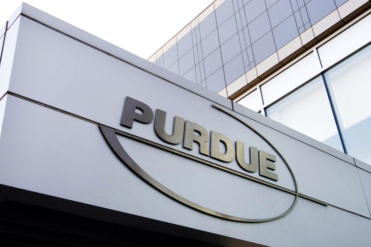 In this Tuesday, May 8, 2007, file photo, a Purdue Pharma logo is affixed to part of a Purdue building in Stamford, Conn. 