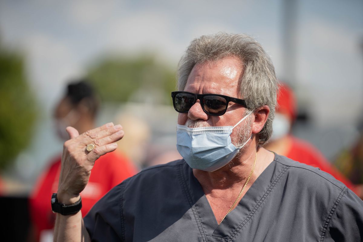 Matthis Gutierrez, a Veterans Administration nurse who provides home health care, said he’s worn an N95 mask — intended for disposal after a single use — for a month straight because of short supply.&nbsp;&nbsp;| Pat Nabong/Sun-Times