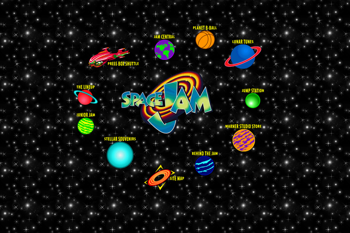 The original Space Jam website from 1996, which shows a collection of garish icons in a circle on a black background with white stars