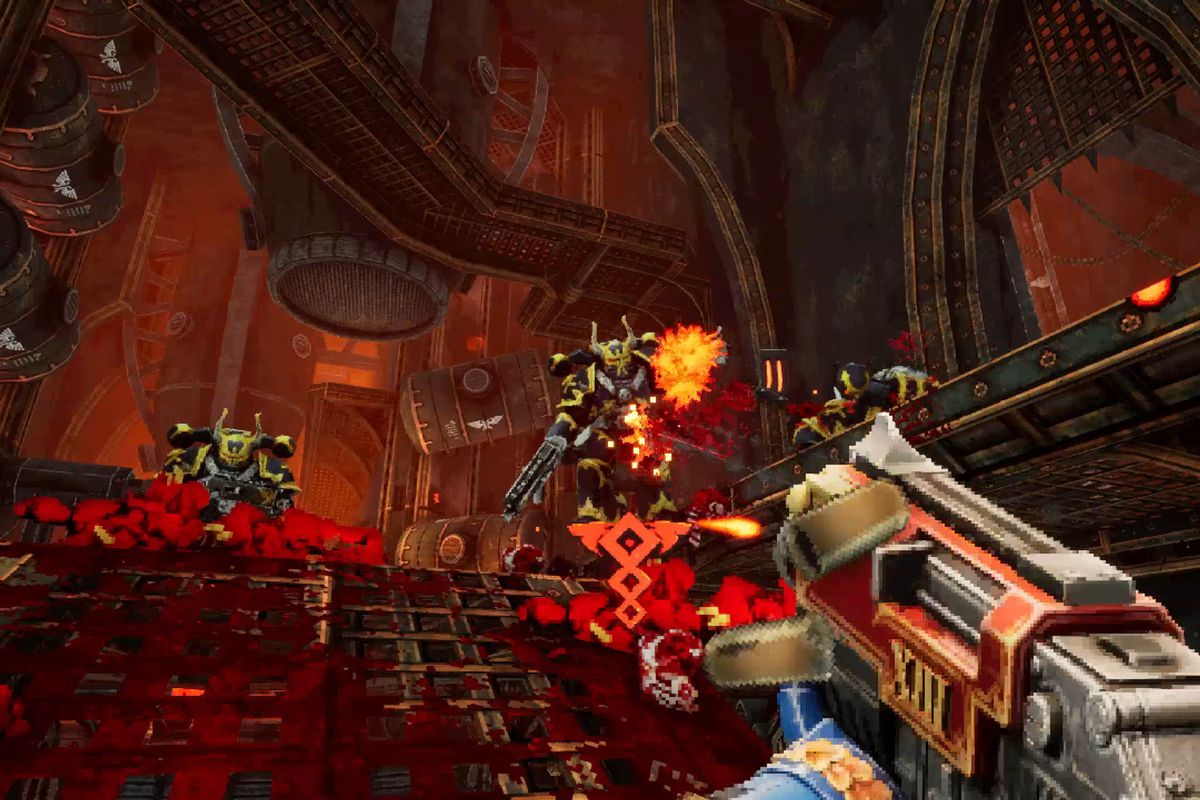 The protagonist Ultramarine mows down a Chaos Space Marine in Warhammer 40K: Boltgun. The style looks a lot like the original Doom.