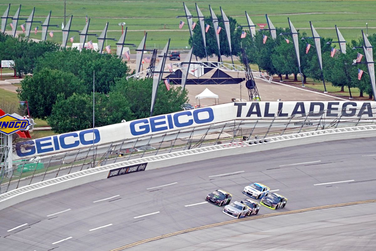 ARCA Series driver Drew Dollar and ARCA Series driver Riley Herbst lead the field during the General Tire 200 at Talladega Superspeedway.