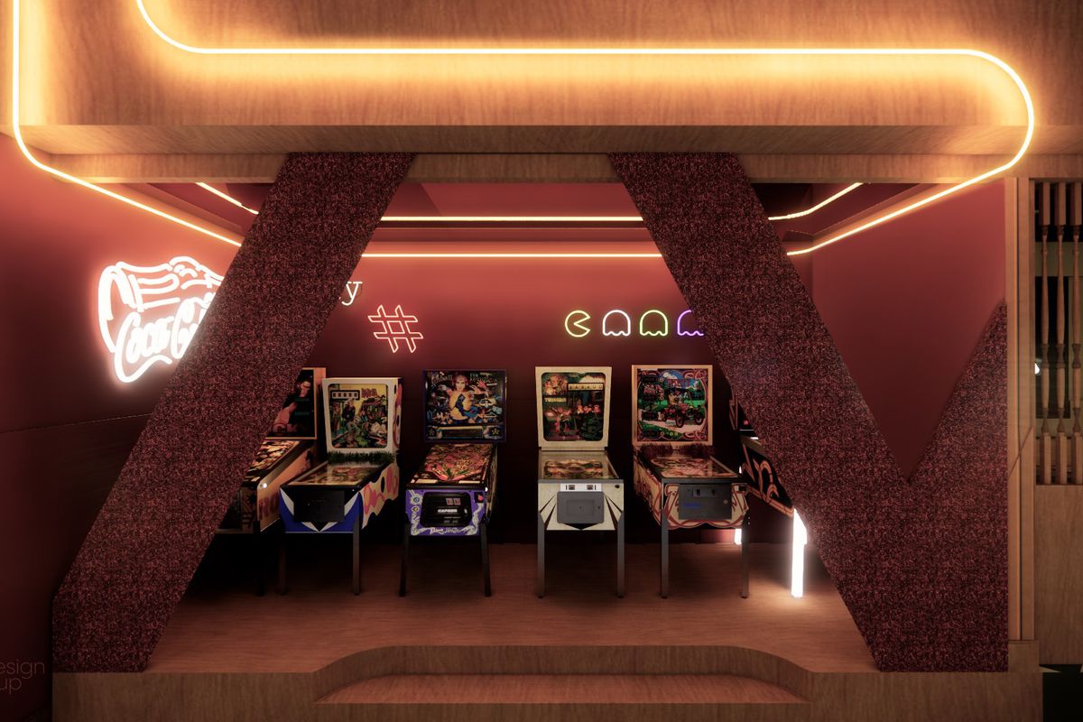 A rendering of Nonno’s Family Pizza Tavern shows an arcade area with pinball machines.