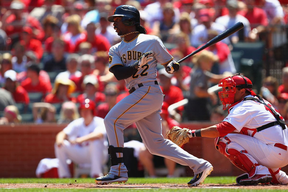 ST. LOUIS, MO - AUGUST 28: Andrew McCutchen #22 of the Pittsburgh Pirates hits an RBI single against the St. Louis Cardinals at Busch Stadium on August 28, 2011 in St. Louis, Missouri.  (Photo by Dilip Vishwanat/Getty Images)