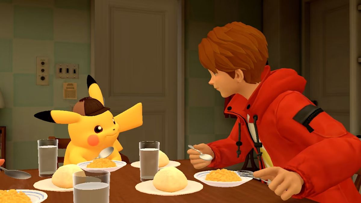 Detective Pikachu sits at the table with his breakfast buddy in Detective Pikachu Returns
