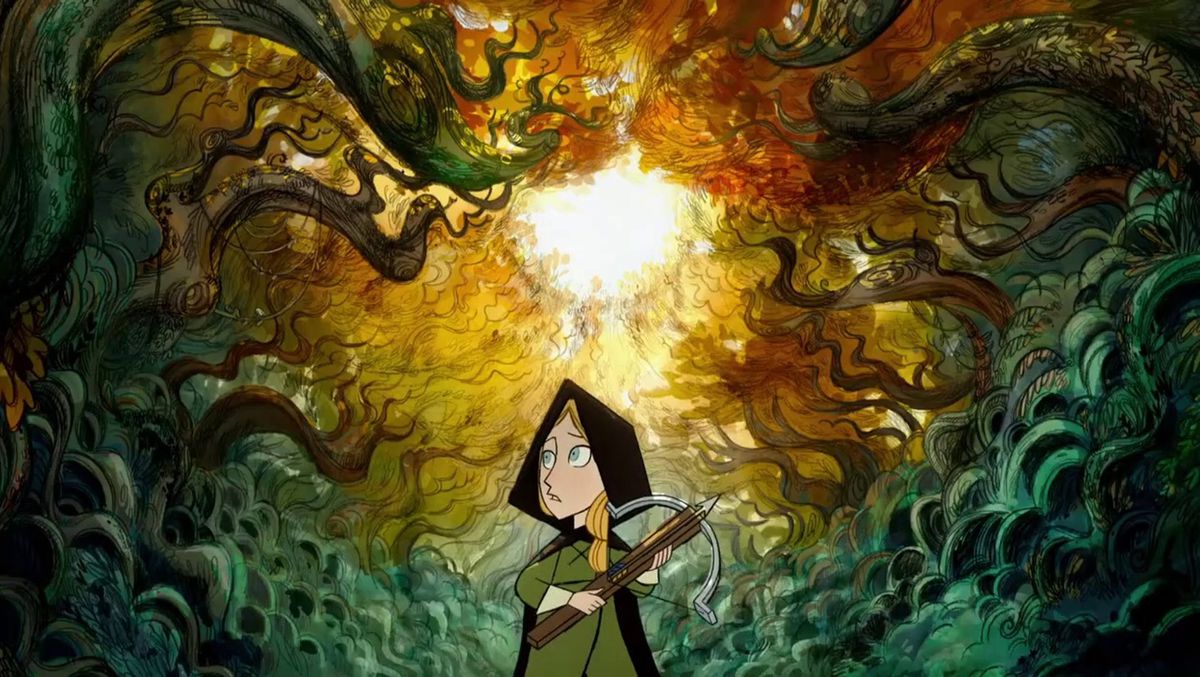 a girl wanders through the forest in the animated film Wolfwalkers
