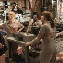 The Ghostbusters Holtzmann (Kate McKinnon), Patty (Leslie Jones), Erin (Kristen Wiig) and Abby (Melissa McCarthy) with their receptionist Kevin (Chris Hemsworth) in Columbia Pictures' "Ghostbusters."