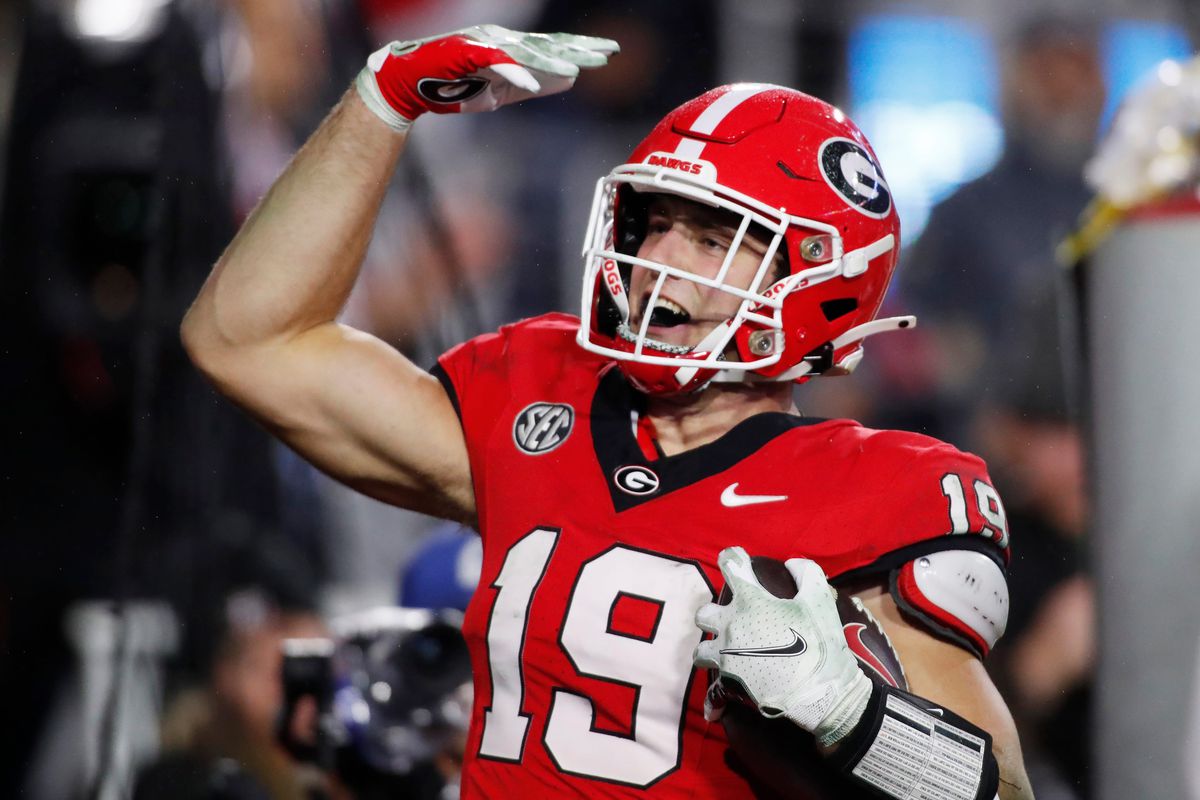 Georgia tight end Brock Bowers celebrates after scoring a touchdown during the second half of a NCAA college football game against Ole Miss in Athens, Ga., on Saturday, Nov. 11, 2023.