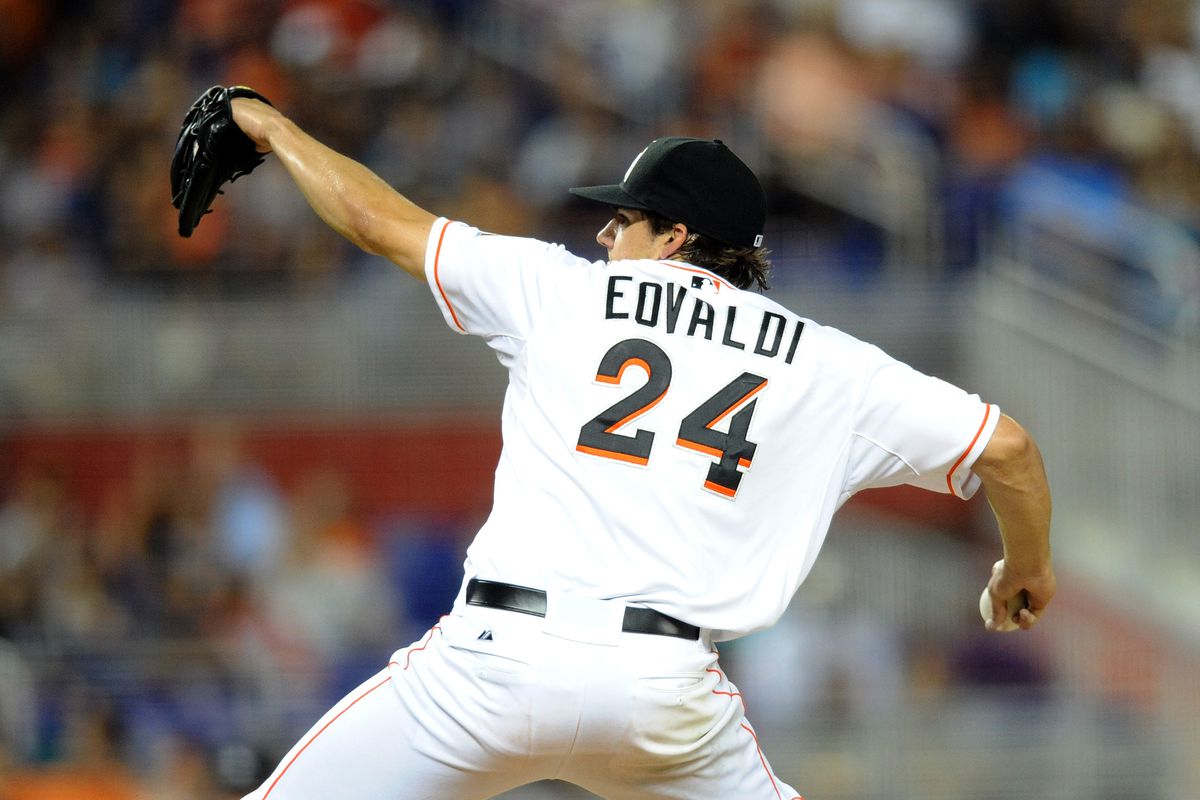 July 28, 2012; Miami, FL, USA; Miami Marlins starting pitcher Nate Eovaldi (24) throws during the fifth inning against the San Diego Padres at Marlins Park. Mandatory Credit: Steve Mitchell-US PRESSWIRE