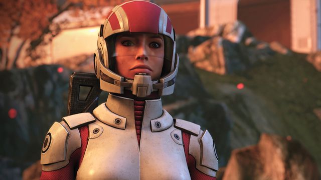Ashley Williams wearing pink and white marine armor in Mass Effect Legendary Edition