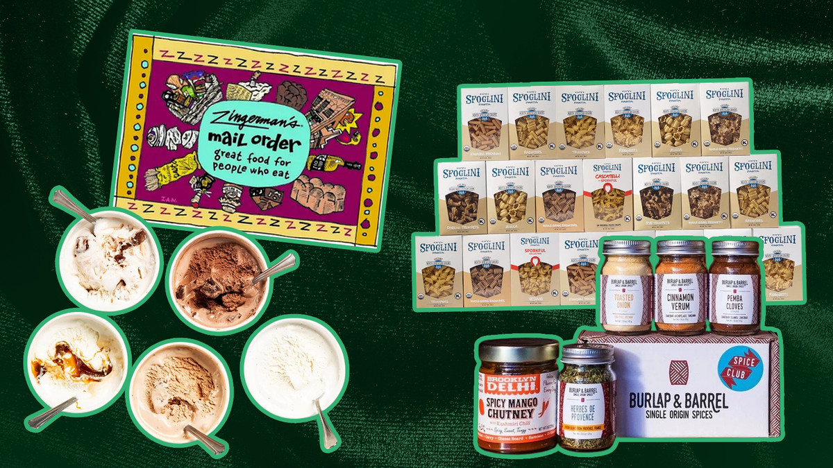 A collage with ice cream pints, a Zingerman’s logo, Burlap &amp; Barrel spice bottles, and Sfoglini pasta boxes.
