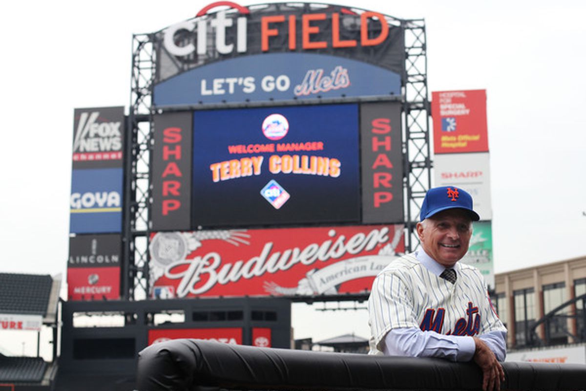 NEW YORK - NOVEMBER 23:  New York Mets new manager Terry Collins poses for photographs in the dugout after a press conference at Citi Field on November 23 2010 in New York New York.  (Photo by Chris McGrath/Getty Images)