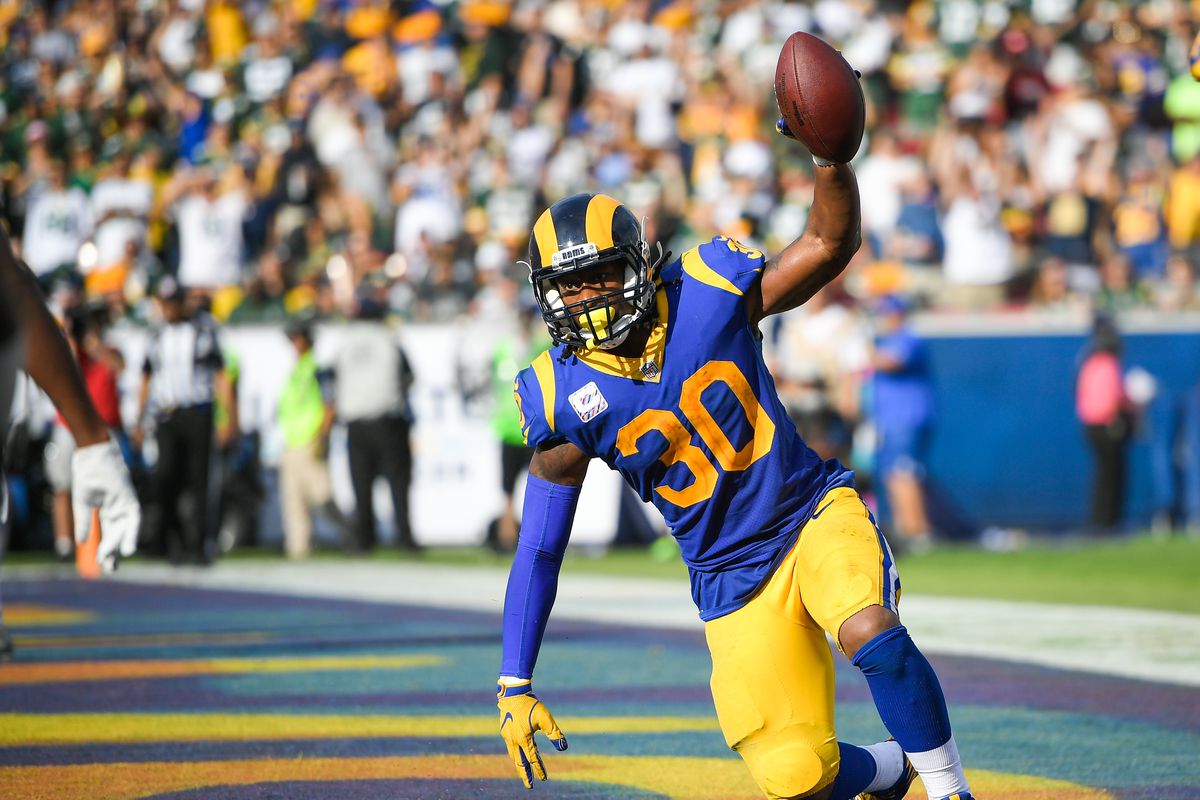 Los Angeles Rams running back Todd Gurley celebrates in the end zone