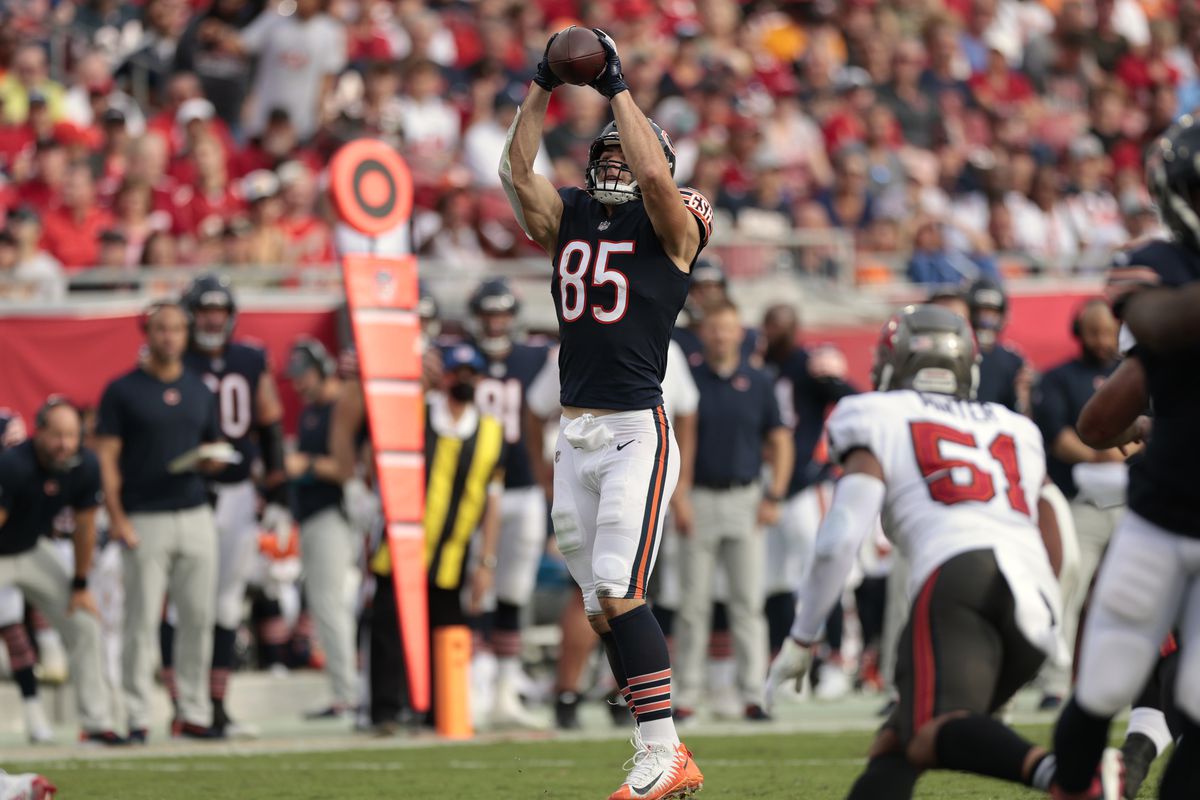 Cole Kmet #85 of the Chicago Bears makes a catch in the first quarter against the Tampa Bay Buccaneers in the game at Raymond James Stadium on October 24, 2021 in Tampa, Florida.