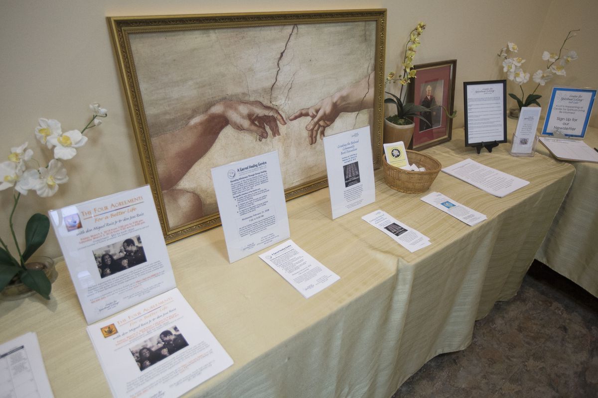 Information material on display during the Salt Lake Interfaith Roundtable's "Generosity of Faith Fair" open house at the Center for Spiritual Living in South Salt Lake on Monday, Feb. 19, 2018.