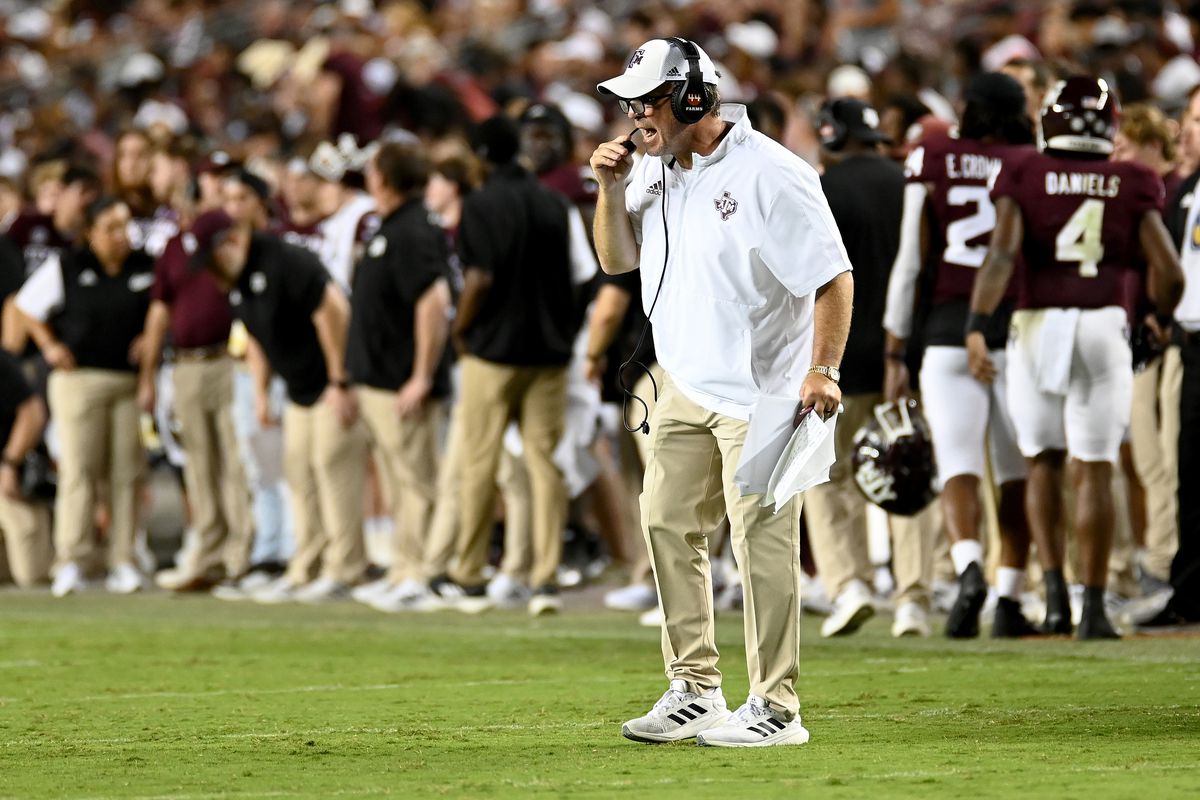 COLLEGE STATION, TEXAS - SEPTEMBER 17: Head coach Jimbo Fisher of the Texas A&amp;M Aggies reacts during the second half of the game against the Miami Hurricanes at Kyle Field on September 17, 2022 in College Station, Texas.