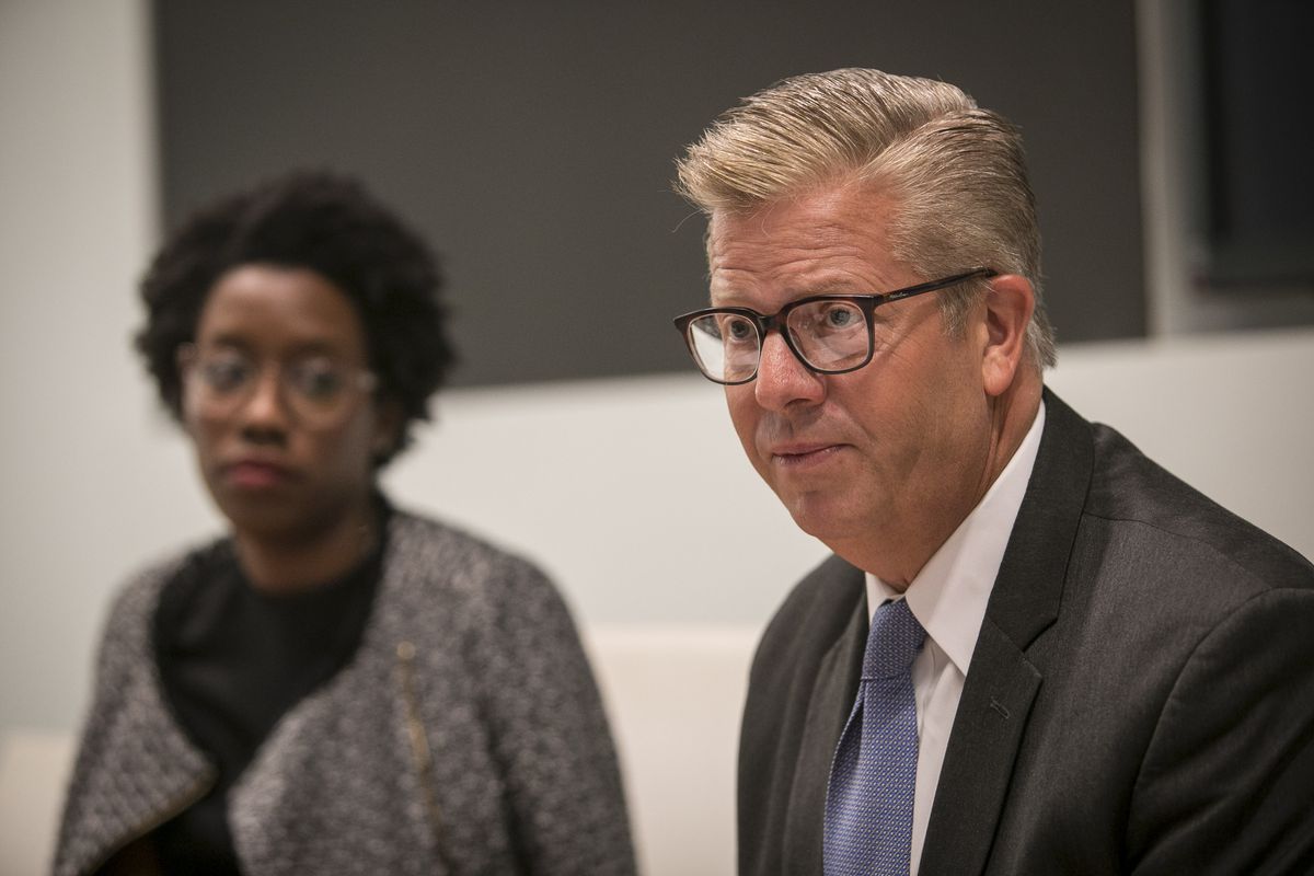 Nominees for U.S. Congress in the 14th District, Democrat Lauren Underwood, left, and Republican Randall M. “Randy” Hultgren, met with the Sun-Times Editorial Board on Sept. 20. | Rich Hein/Sun-Times