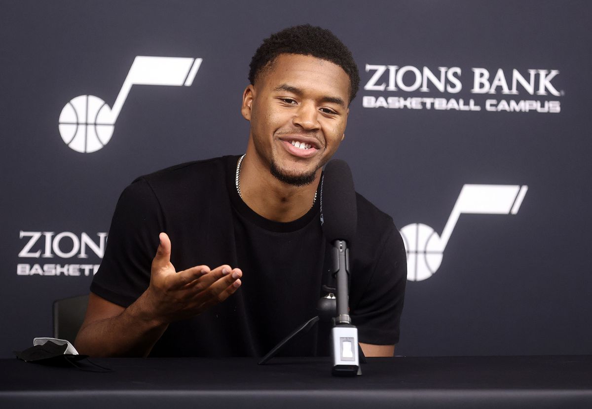 Utah Jazz guard Jared Butler speaks during a press conference at the Zions Bank Basketball Campus in Salt Lake City