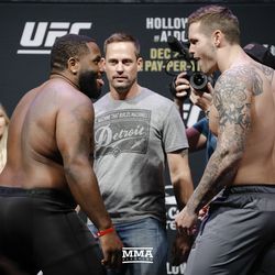 Justin Willis and Allen Crowder square off at UFC 218 weigh-ins.