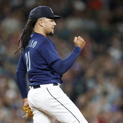 SEATTLE, WASHINGTON - AUGUST 27: Luis Castillo #21 of the Seattle Mariners reacts after a strike out during the fifth inning against the Cleveland Guardians at T-Mobile Park on August 27, 2022 in Seattle, Washington