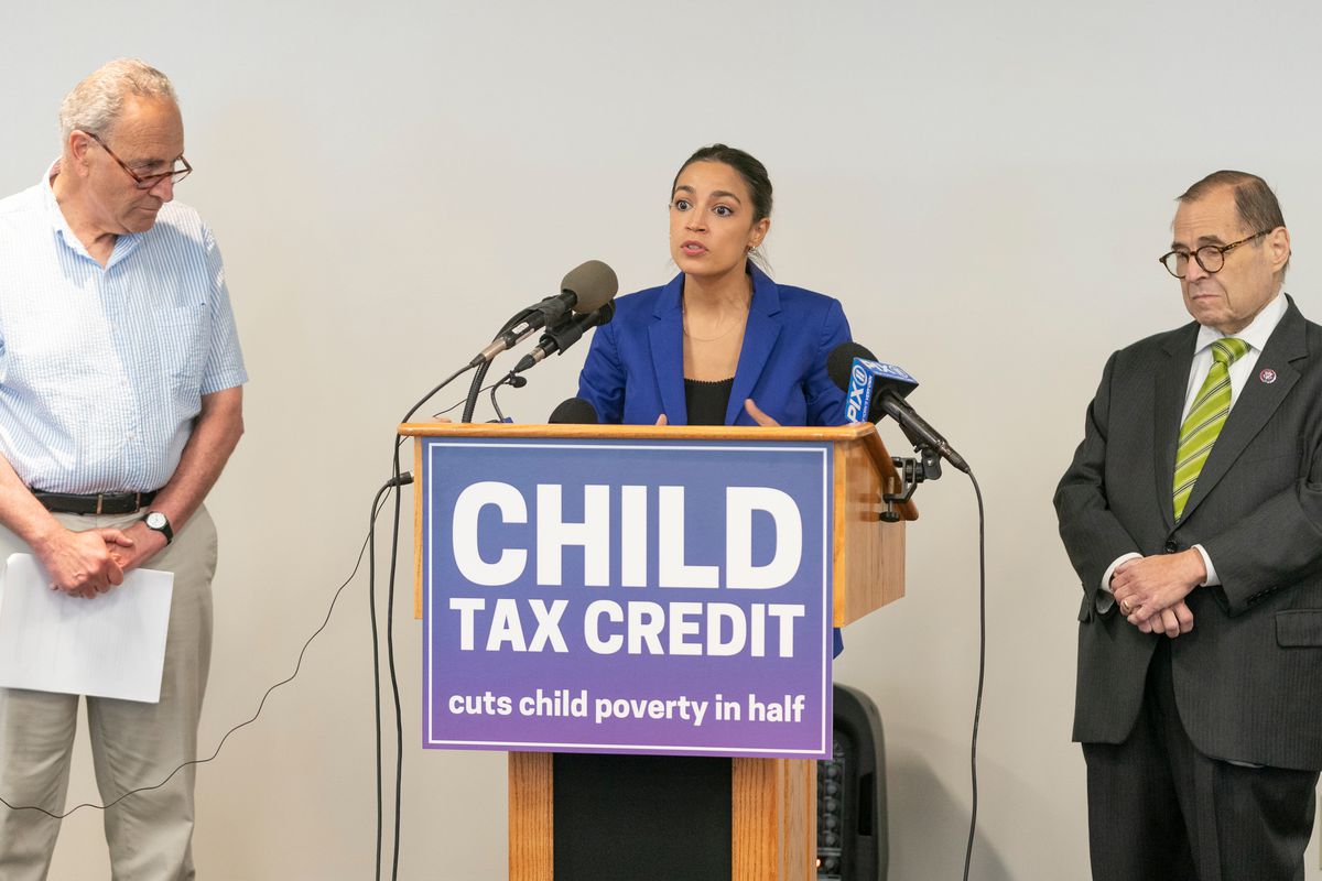 Rep. Alexandria Ocasio-Cortez speaks at the Ted Weiss Federal Building in Manhattan on the expanded Child Tax Credit (CTC), July 8, 2021.