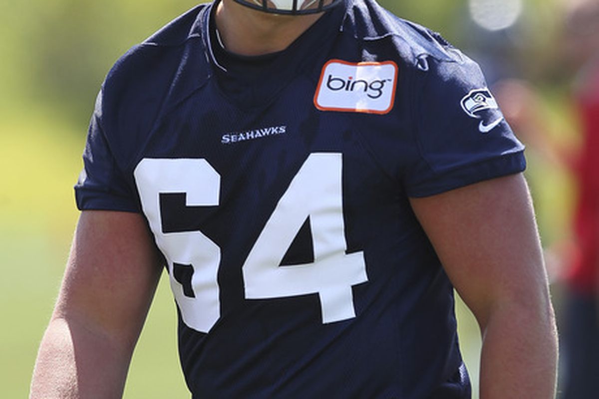 RENTON, WA - MAY 11:  J.R. Sweezy #64 of the Seattle Seahawks looks on during minicamp at the Virginia Mason Athletic Center on May 11, 2012 in Renton, Washington. (Photo by Otto Greule Jr/Getty Images)