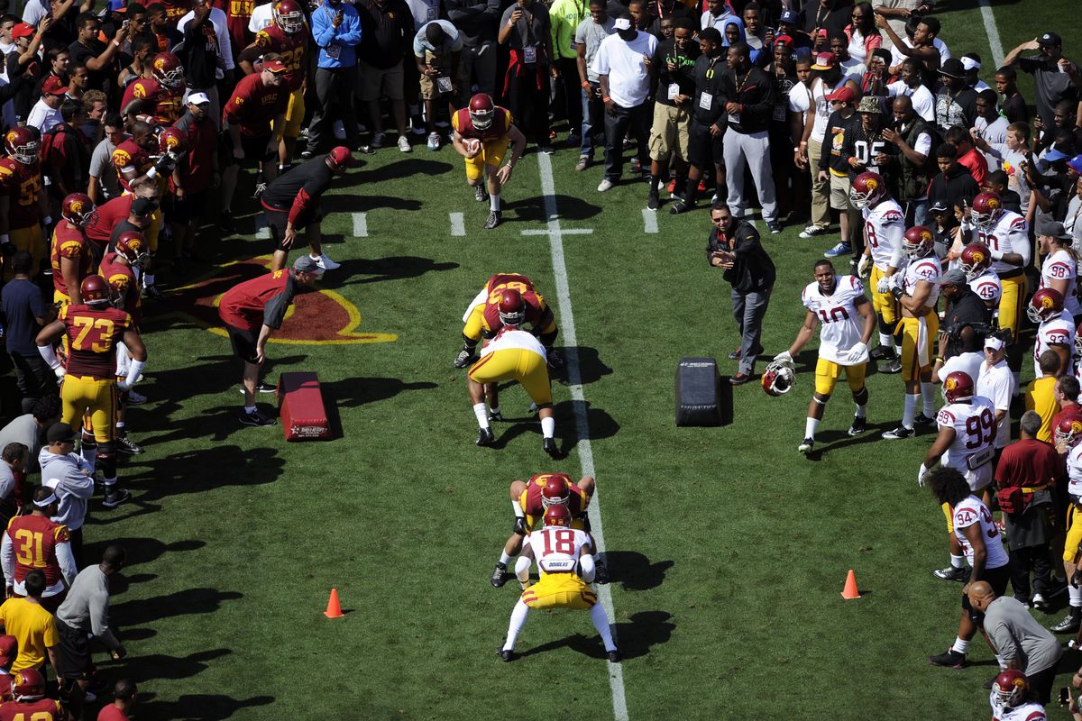 USC players go through drills before their spring game, which concludes spring camp.
